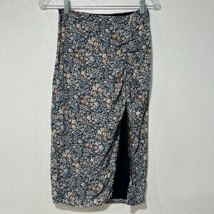 Abercrombie & Fitch Floral Midi Skirt XS Blue Ruched Slit Boho Cottagecore